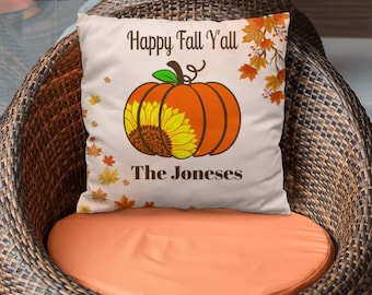 Personalized Happy Fall Ya'll Throw Pillow, Gift for Fall Lover, Gift for New Home