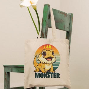 I Am Monster Bearded Dragon Tote Bag | Funny Reptile Lover Gift | Eco-Friendly Cotton Lizard Bag | Bearded Dragon Accessory