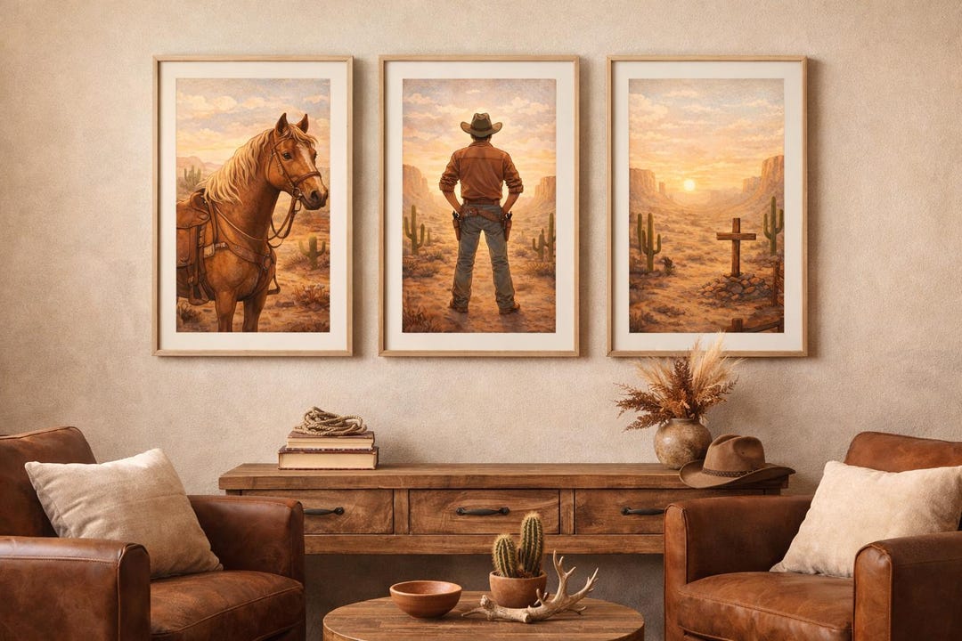 Western Cowboy Wall Art Triptych | Set of 3 Cowboy Prints | Horse ...