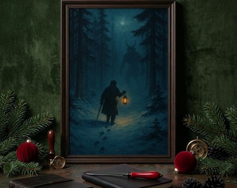 Krampus in Snowy Forest Poster, Gothic Christmas Wall Art Digital Download, Creepmas Decor