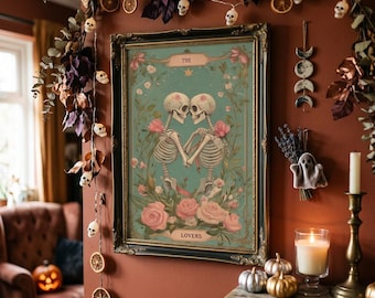 The Lovers Tarot Skeleton Digital Print, Gothic Anniversary Gift And Moody Bedroom Decor, Romantic Macabre Dark Academia Aesthetic