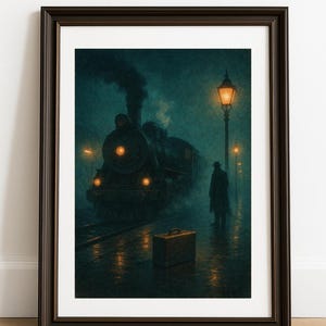 Può includere: Una stampa artistica incorniciata raffigura un treno d'epoca in una stazione in una notte piovosa. La locomotiva a vapore è illuminata da un faro luminoso, con una valigia sulla piattaforma. Una persona in cappotto è vicino a un lampione.
