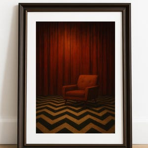 Op de afbeelding: Een ingelijste print met een donkerrode fauteuil in het midden van een kamer met dieprode gordijnen op de achtergrond en een vloer met een opvallend, herhalend zwart en beige chevronpatroon. De lijst is donkerbruin met een eenvoudig profiel.