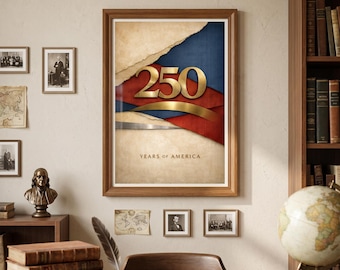 Póster de los 250 años de Estados Unidos, Arte del Semiquincentenario de la Independencia de EE. UU., Arte mural patriótico en dorado y rojo, Impresión de la herencia estadounidense (descarga digital)