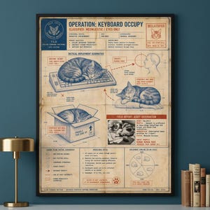 May include: A vintage-style poster titled Operation: Keyboard Occupy featuring technical diagrams and illustrations of cats in various positions. The print includes text, schematics, and a field report on a beige background with blue and red accents.