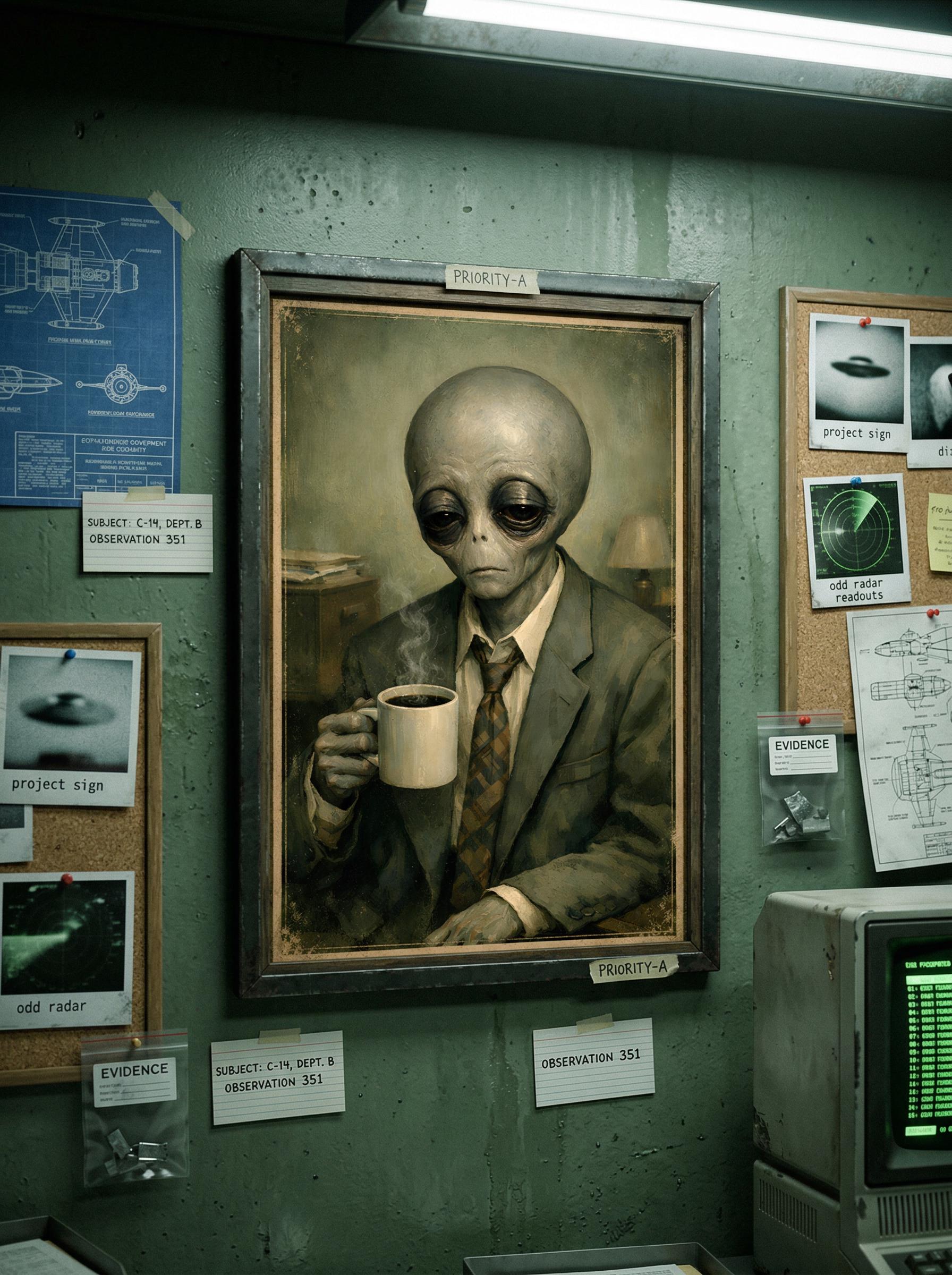 Alien Coffee Poster, UFO Kitchen Wall Art, Surreal Alien Drinking ...