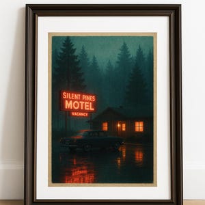 May include: Framed art print depicting a vintage motel scene. A neon sign reads "Silent Pines Motel, Vacancy" above a small building with lit windows. A classic car sits in the rain, reflecting the neon glow. Dark forest in the background.