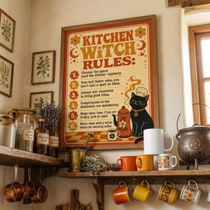 以下が含まれることがあります： クリーム色の背景にオレンジ色の枠線、KITCHEN WITCH RULESという文字が書かれた長方形の額入り壁掛けポスター。6つの番号付きルールが記載されており、シェフの帽子をかぶった黒猫とコーヒーポット、マグカップのイラストが描かれています。