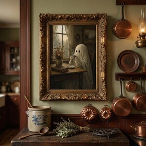 Ghost Drinking Coffee Print, Cozy Kitchen Wall Art, Vintage Victorian Oil Painting Poster for Coffee Bar
