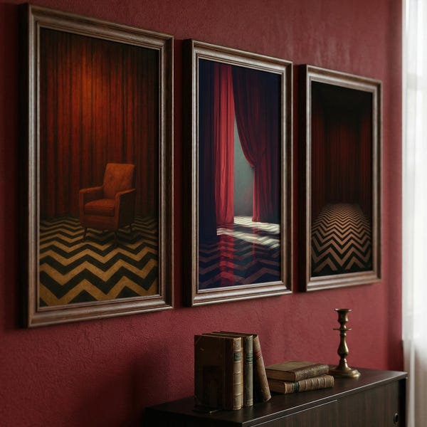 Twin Peaks Red Room Poster 3er Set, David Lynch inspirierte Wandkunst, Black Castle Triptychon Print, surrealer Film Dekor digitaler Download