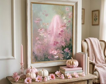 Pink Halloween Ghost Art Print for Cottagecore Floral Nursery Decor, Whimsical Pastel Spooky Season Room Poster Printable
