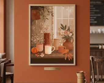 Hygge Wall Art, Cozy Fall Decor, Autumn Coffee Print, Light Academia Printable, Fall Reading Nook Art, Instant Download