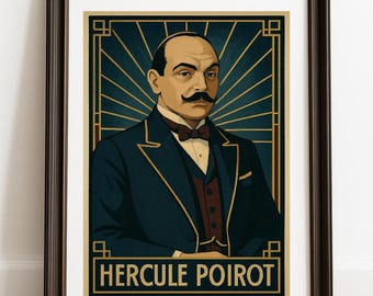 Hercule Poirot Art Deco Poster, Agatha Christie Wall Art, Detective Portrait Print, Literary Gift for Readers Digital Download Library Decor