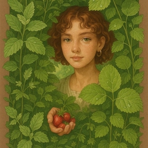 June Morning Botanical Wall Art with Brown-Haired Girl & Strawberries – Summer Printable Poster