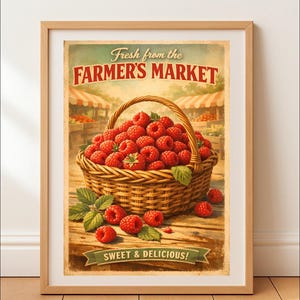 May include: Framed print featuring a vintage-style illustration of a wicker basket overflowing with ripe red raspberries. The text "Fresh from the Farmer's Market" and "Sweet & Delicious!" are displayed. The print is labeled "A3 • A4 | JPG • PNG | Instant Download."