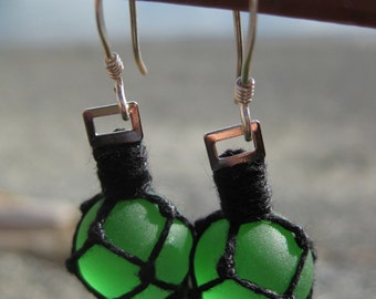 Recycled Green Glass Fishing Float Earrings with Black Nets and Fair Trade Sterling Silver Findings