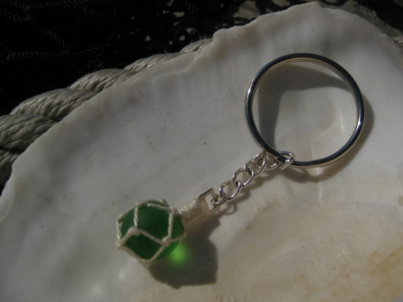 TamsCraft Glass Fishing Float Keychain Made with Recycled Green Glass, A Beige Net and 1.5 Split Ring
