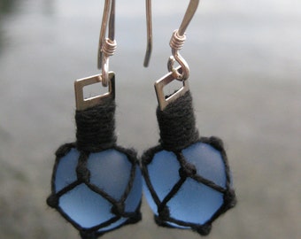 Periwinkle Colored Glass Fishing Float Earrings with Black Nets and Fair Trade Sterling Silver Findings