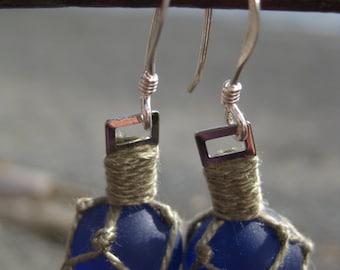 Glass Fishing Float Earrings Handmade with Recycled Indigo colored Glass, Green Nets and Fair Trade Silver Findings