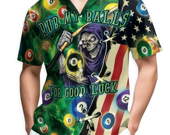 May include: Green short-sleeve shirt with a pool-themed design. The shirt features a grim reaper holding a pool cue and the text "RUB MY BALLS FOR GOOD LUCK". Billiard balls and an American flag are also part of the design.