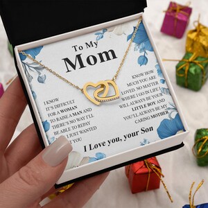 Gold Interlocking Hearts Necklace for Mom from Son, Birthday, Christmas, Mother’s Day Gift, Sentimental Jewelry for Mother