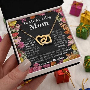 To My Amazing Mom Gold Interlocking Hearts Necklace, Birthday Christmas Gift from Daughter, Sentimental Jewelry for Mother
