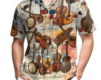 Bluegrass Music Hawaiian Shirt, Vintage Musician Aloha Shirt, Banjo Guitar Beach Shirt Unisex S-5XL