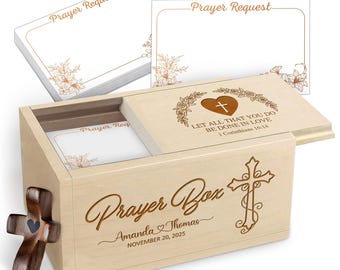 Prayer Box for Couples – Wooden Box with 100 Cards, Handheld Cross & Custom Engraving