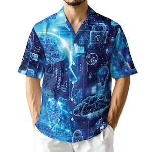 May include: Short-sleeved button-down shirt with a digital art design in shades of blue. The design features a human profile, brain imagery, and computer-generated graphics, creating a tech-inspired aesthetic. The shirt has a classic collar and a relaxed fit.