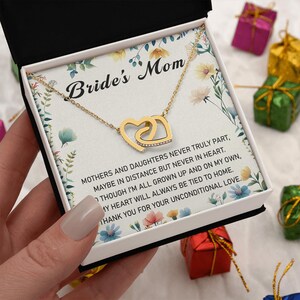 Gold Interlocking Hearts Necklace for Bride&#39;s Mom, Wedding Gift from Daughter, Mother’s Day, Anniversary Jewelry with Message Card