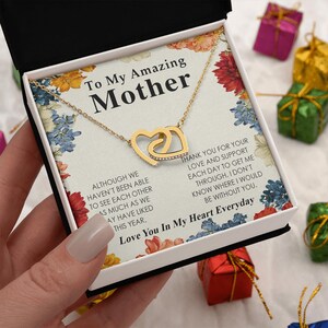 To My Amazing Mother Gold Interlocking Hearts Necklace, Birthday Christmas Gift from Daughter or Son, Sentimental Jewelry for Mom