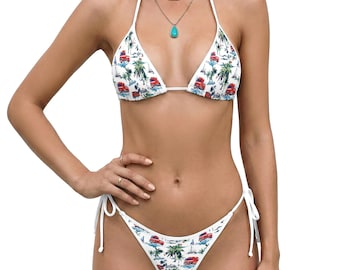 Tropical Fire Truck Bikini Set, Women Triangle String Bikini, Palm Tree Sailboat Beach Swimsuit, Summer Swimwear