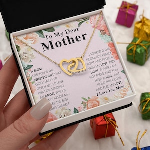 To My Dear Mother Gold Interlocking Hearts Necklace, Birthday Christmas Gift from Daughter or Son, Meaningful Jewelry for Mom