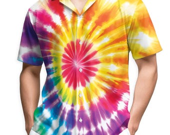 Tie Dye Aloha Shirt, Psychedelic Swirl Button Down, Unisex Beach Summer Style
