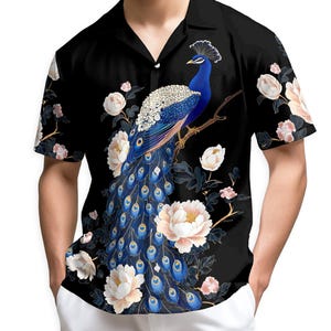 Peacock Peony Hawaiian Shirt, Elegant Bird Floral Aloha Shirt, Vintage Peacock Button Down, Unisex Summer Beach Shirt S-5XL