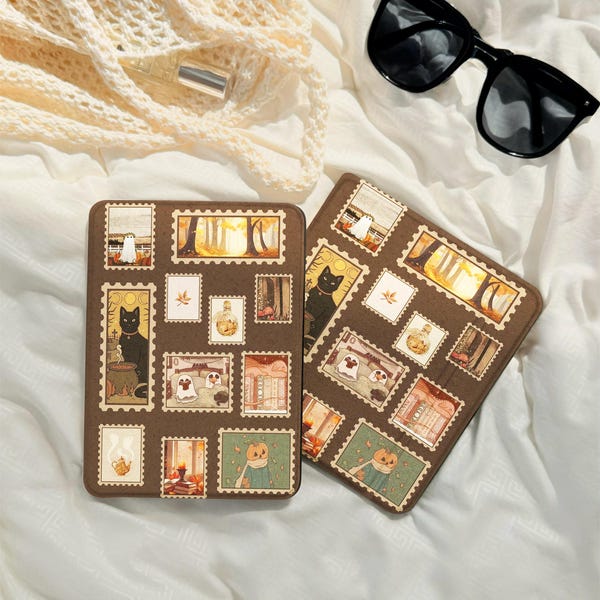 Vintage Black Cat Postage Kindle/Kobo Case E-Reader Cover with Hand Strap, Clear Back Auto Wake/Sleep Kobo Libra Color Skin Kobo Clara Cover