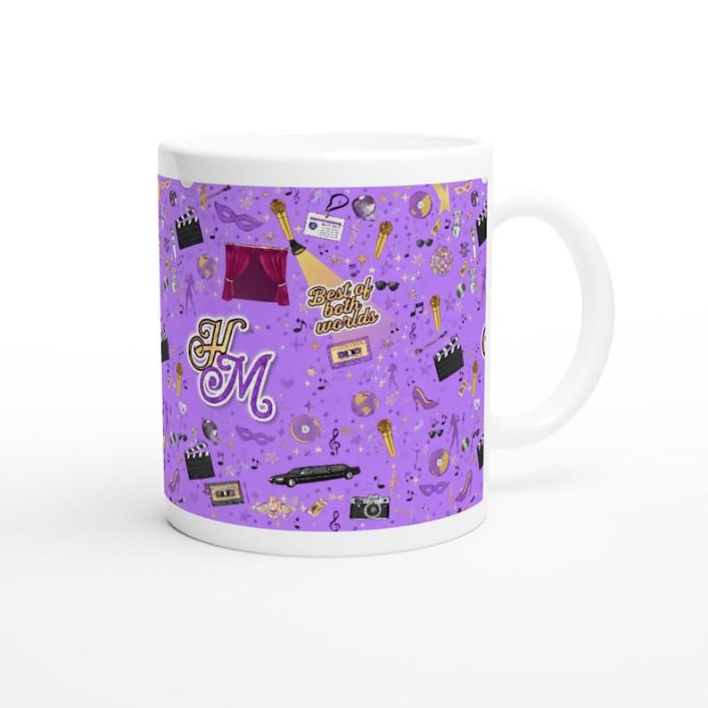 May include: White ceramic mug with a purple background featuring a pattern of entertainment-themed icons. Includes a stage, microphone, film clapper, and the text "Best of both worlds". The mug also has the initials "FM".