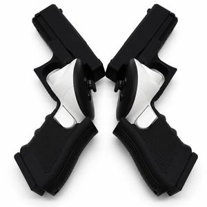 May include: Two black and white pistol-shaped controller attachments for virtual reality gaming. Each device features a matte black barrel and grip with a white central housing, designed to hold a VR controller. A small blue wolf logo is visible.