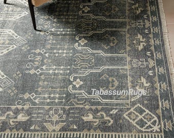 Cala Antique Hand Knotted Rug, Black Teal, Ivory 7x9 8x10 9x12 10x14 Turkish Oushak Rug Netural Wool Area Rug Home Decor Rug Handmade Rug