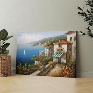 Seaside Stairway Canvas, Mediterranean Wall Art, Ocean View Print, Floral Street Art, Canvas Design, Ready To Hang Decoration