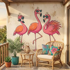 May include: A wall mural featuring three pink flamingos wearing sunglasses, each labeled with a numbered circle above their heads. The flamingos are depicted in a cartoon style against a textured wall, with a rattan chair and table nearby.