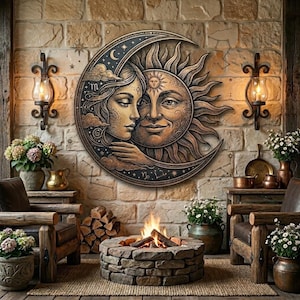 May include: A large, circular wall art piece depicting the sun and moon embracing, set against a brick wall. The sun and moon are intricately detailed with celestial elements. The scene includes a stone fire pit, wooden chairs, and sconces with lit candles, creating a warm, rustic ambiance.