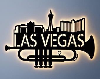 Custom Las Vegas LED Metal Art – Skyline City with Trumpet, Jazz Music Decor, Las Vegas Strip Wall Sign, Casino Bar or Man Cave Art