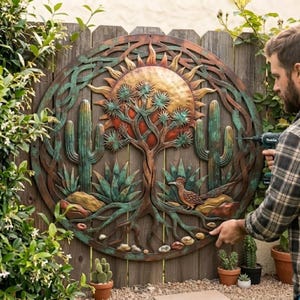 May include: A circular metal wall art piece featuring a central sun, a desert tree, two saguaro cacti, and a roadrunner. The design is finished in copper and verdigris tones, surrounded by an intricate woven border with a desert landscape theme.