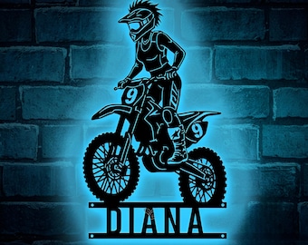 Decorazione murale in metallo personalizzata per motocross con luce LED, cartello personalizzato per motociclisti da cross, decorazione per garage, regalo per piloti MX