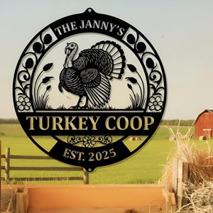 以下が含まれることがあります： 「THE JANNY'S TURKEY COOP EST. 2025」の文字と七面鳥のイラストが描かれた、黒い金属製の丸いサイン。装飾的な花と葉のアクセントがあり、屋外での使用を想定しています。
