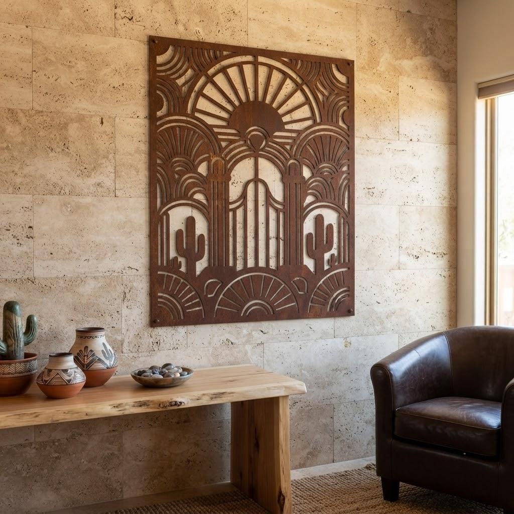 Art Deco Desert Metal Wall Art, Southwest Cactus Wall Decor