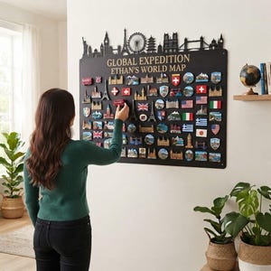May include: A black rectangular wall-mounted magnetic board titled GLOBAL EXPEDITION ETHAN'S WORLD MAP. The top features a black metal skyline silhouette. The board is covered in numerous colourful souvenir magnets depicting various world landmarks and flags.