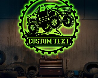 Custom Monster Truck LED Metal Sign | Personalized Garage Wall Art | Off-Road 4x4 Truck Decor, Man Cave, Boys Room Gift
