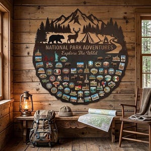 May include: A large, circular wooden wall plaque featuring a laser-cut mountain, forest, bear, deer, tent, and campfire silhouette. The text reads "NATIONAL PARK ADVENTURES" and "Explore The Wild," with numerous small, colorful park-themed patches.